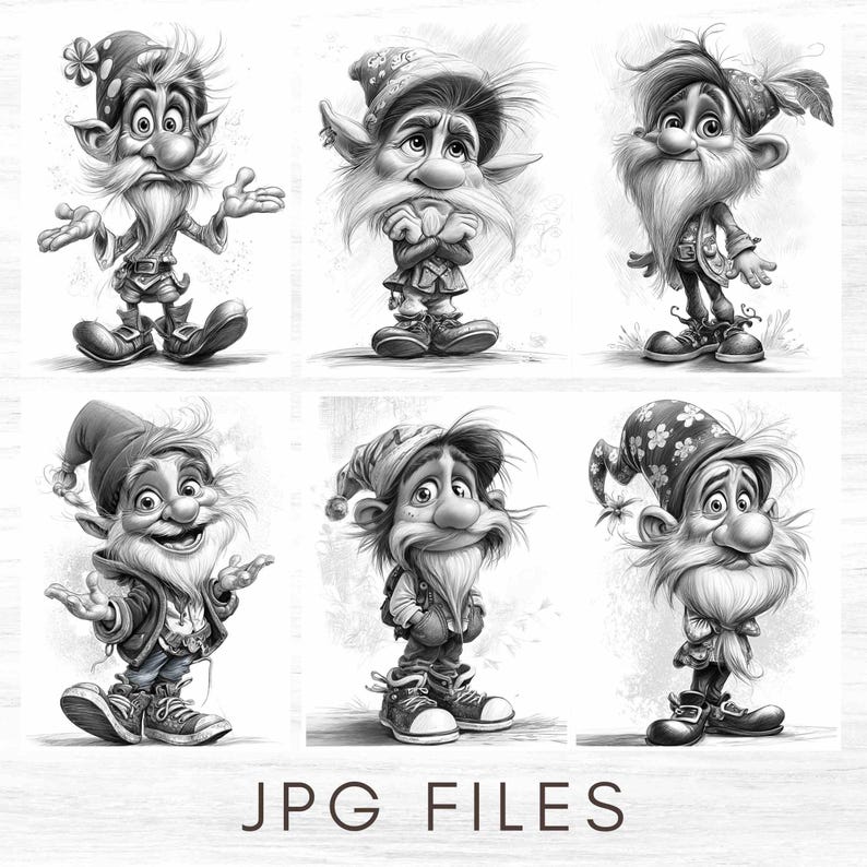 May include: Black and white illustrations of six cartoon gnomes with expressive faces, long beards, and pointed hats. Each gnome has a unique pose and outfit. The text "JPG FILES" is at the bottom.