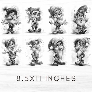 May include: Black and white illustration featuring eight whimsical gnome characters with expressive faces and detailed clothing. The artwork is printed on an 8.5 x 11 inch sheet. Each gnome has a unique pose and personality, with long beards and pointed hats.