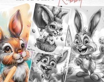 Easter Rabbit Coloring Book: 45 Grayscale Pages (Digital Download)