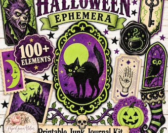 Könnte beinhalten: Ein digitales Collage-Blatt mit Vintage Halloween Ephemera mit über 100 Elementen, darunter ein Werwolf, eine schwarze Katze, ein Spukschloss, ein Totenkopf, ein Kürbis und ein Schlüssel. Die Grafiken verwenden eine Farbpalette aus Lila, Grün und Schwarz mit Text.
