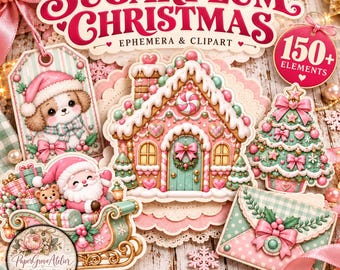 Könnte beinhalten: Ein digitaler Download-Satz mit dem Titel Sugarplum Christmas Ephemera & Clipart mit über 150 Elementen, darunter ein Lebkuchenhaus, ein Weihnachtsmann im Schlitten mit Geschenken, ein Welpe mit Weihnachtsmütze, ein Weihnachtsbaum und ein Umschlag.