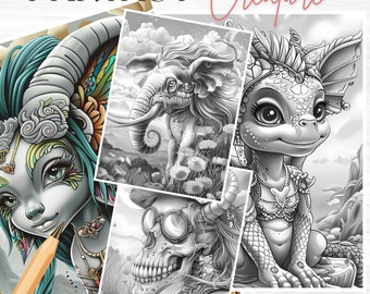 Fantasy Creature Coloring Book: Adorable Animal Grayscale Pages (Digital Download)
