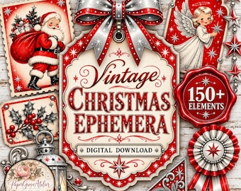 Könnte beinhalten: Eine digitale Sammlung von Weihnachts-Ephemera mit einem zentralen Etikett mit dem Text Vintage Christmas Ephemera Digital Download, umgeben von Illustrationen des Weihnachtsmanns, eines Engels, Stechpalmen, einer Laterne und einer roten Rosettenschleife.