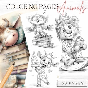 Può includere: Pagine da colorare di animali con il testo "COLORING PAGES Animals" in alto. Le pagine presentano illustrazioni di una mucca che dorme, un gufo, un leone e una capra. L'angolo in basso a destra dell'immagine contiene il testo "60 PAGES".