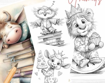 Cute Animals Coloring Book, Grayscale Toy-Themed Pages (Digital Download)