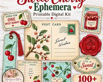 Könnte beinhalten: Ein digitales, druckbares Set mit kirschthematischen Ephemera, darunter eine Postkarte, eine Bibliothekskarte, ein Lesezeichen mit roter Quaste, ein Wachssiegel, eine Briefmarke und Umschläge. Die Sammlung zeigt Texte wie Sweet Cherry Ephemera, Good For One Sweet Moment, Sweet Wishes, Life Is Sweet und 100+ Elements.