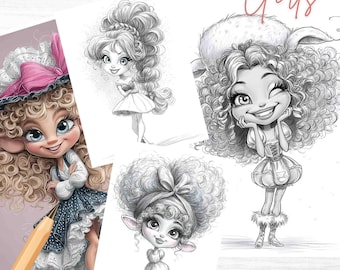 Könnte beinhalten: Malvorlagen für Mädchen mit Illustrationen von Cartoon-Charakteren mit lockigem Haar. Die Seiten enthalten den Text "Coloring Pages" und "Girls" in Schreibschrift sowie "50 Pages" am unteren Rand.