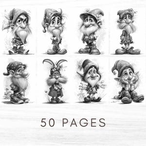 May include: Black and white illustrations of whimsical gnomes in various poses, wearing hats and outfits. The gnomes have long beards and expressive faces. The text "50 PAGES" is at the bottom of the image.