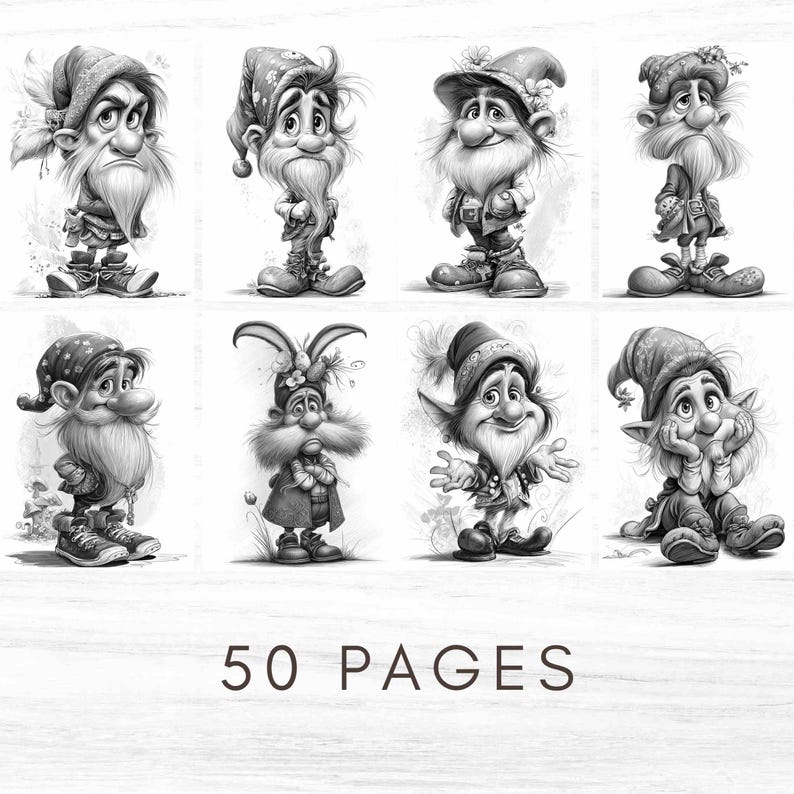 May include: Black and white illustrations of whimsical gnomes in various poses, wearing hats and outfits. The gnomes have long beards and expressive faces. The text "50 PAGES" is at the bottom of the image.