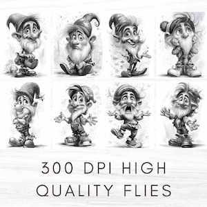 May include: Black and white illustrations of eight cartoon gnomes with expressive faces and detailed clothing. Each gnome has a long beard and is wearing a hat. The text at the bottom reads "300 DPI HIGH QUALITY FILES."