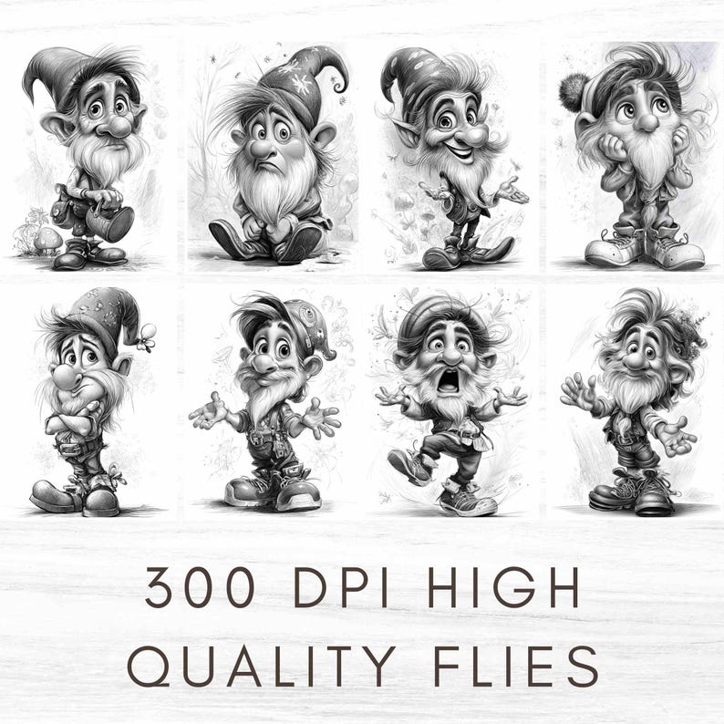 May include: Black and white illustrations of eight cartoon gnomes with expressive faces and detailed clothing. Each gnome has a long beard and is wearing a hat. The text at the bottom reads "300 DPI HIGH QUALITY FILES."