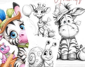 Cute Animals Coloring Book | Grayscale Toys, Printable JPG (Digital Download)