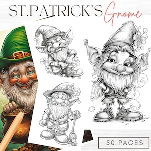 Könnte beinhalten: Ein Schwarzweiß-Malbuch mit drei verschiedenen Illustrationen von Gnomen mit St. Patricks Day-Motiven. Der Umschlag zeigt den Text "St. Patrick's Gnome" und "50 Seiten".