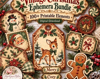 Könnte beinhalten: Eine Sammlung druckbarer Weihnachts-Ephemera mit einem zentralen Reh-Anhänger, einem Lebkuchenmann, einem Schneemann, dem Weihnachtsmann und Stechpalmen-Akzenten. Der Text lautet Vintage Christmas Ephemera Bundle, 100+ Printable Elements, Digital Download, Merry, Cozy, Magic.