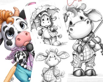 Cow Coloring Book: Grayscale Animal Illustrations (Digital Download)