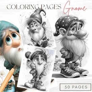 May include: A collection of coloring pages featuring whimsical gnome illustrations. The pages are black and white, showcasing detailed drawings of gnomes in various poses. The text "COLORING PAGES Gnome" is at the top, with "50 PAGES" at the bottom.
