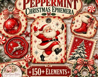 Könnte beinhalten: Eine Sammlung von Vintage-Weihnachts-Ephemera mit einem zentralen Anhänger mit tanzendem Weihnachtsmann, einer roten Kugel, einem Rentier-Siegel, einem Stiefel-Anhänger, einer verschneiten Tannen-Briefmarke und einem Kranz, mit dem Text Vintage PEPPERMINT CHRISTMAS EPHEMERA.