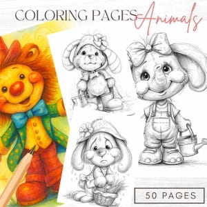Könnte beinhalten: Ausmalbilder mit skurrilen Tierillustrationen. Die Seiten zeigen einen lächelnden Clown, ein Häschen in Kapuzenkleidung und einen Elefanten in Latzhosen. Der Text "COLORING PAGES Animals" und "50 PAGES" sind sichtbar.