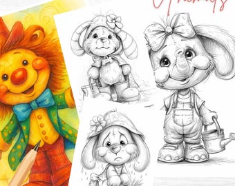 May include: A collection of coloring pages featuring whimsical animal illustrations. The pages include a smiling clown, a bunny in a hooded outfit, and an elephant in overalls. The text "COLORING PAGES Animals" and "50 PAGES" are visible.