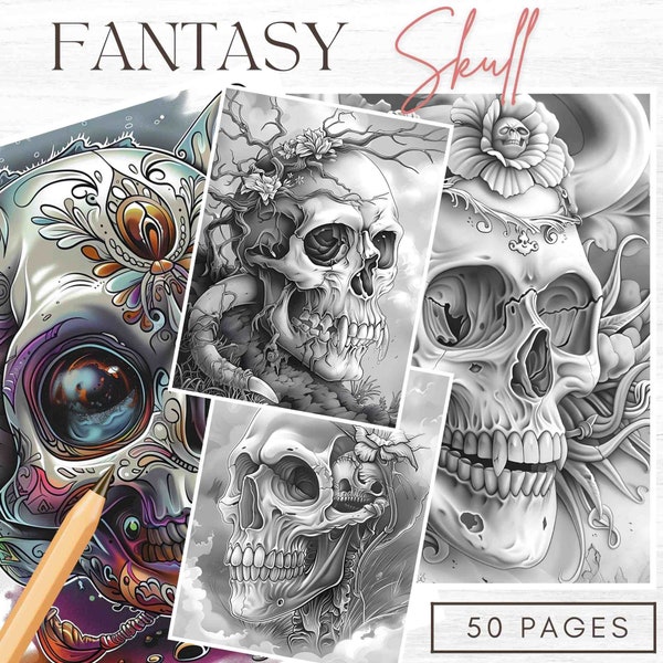 Fantasy Skull Coloring Book Skull Printable JPG Files Mardi Gras Skull Digital Grayscale Coloring Pages Digital Download