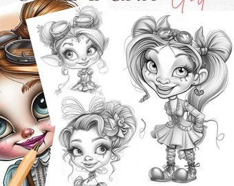 Steampunk Girls Coloring Book: Grayscale Illustrations (Digital Download)