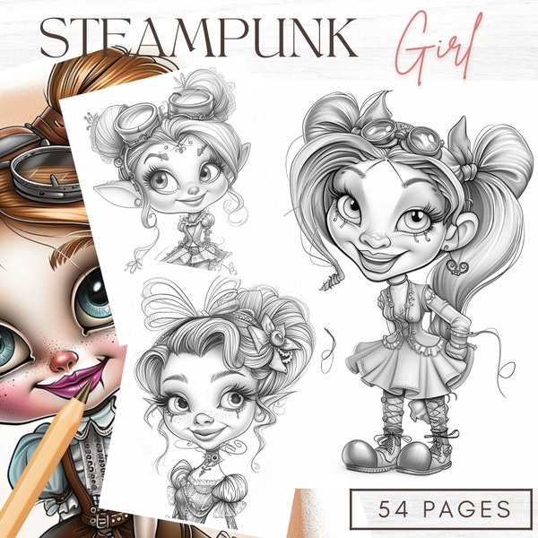 Steampunk Ladies Coloring Book Steampunk Girl Printable JPG File Steampunk Woman Digital Grayscale Coloring Pages Steampunk Digital Download