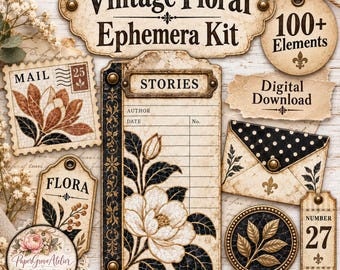 Può includere: Una collezione di effimeri di carta in stile vintage con un grande cartello Vintage Floral Ephemera Kit, un'etichetta rotonda con 100+ Elements, un francobollo con un fiore, una scheda di diario con la parola STORIES e una busta.