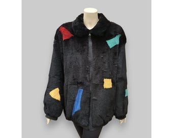 Vintage Black/Multicolor Reversible Rabbit Jacket -XL