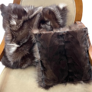 Brown Silver Fox FUR PILLOW Reversible to Dark Sheared Mink Sections