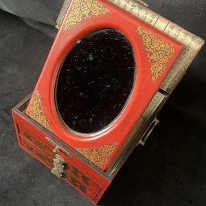 Antique Chinese Phoenix Painted Red Desk Chest Dresser Mirror two Jewelry Drawer