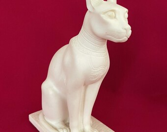 8" Egyptian Cat Goddess Bastet Pure White Resin, Made In Italy