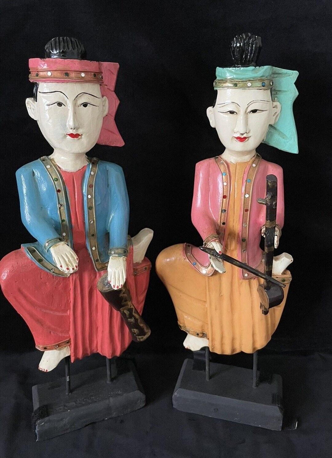 set-of-two-vintage-carved-wooden-thai-musician-figurines-on-a-stand-etsy