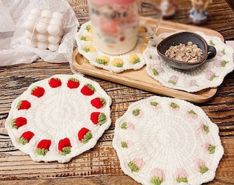 Handmade Coasters Round Knitted Table Place Mat Pad Crochet Placemat Cup Tea Coaster Handmade Cup Mat Kitchen Table Mat Housewarming Gift