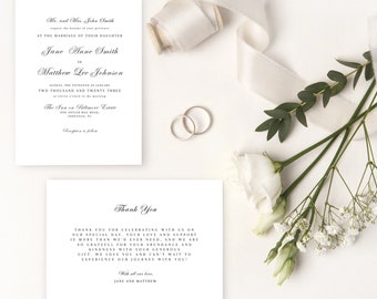 May include: A white wedding invitation with black text announcing the marriage of Jane Anne Smith to Matthew Lee Johnson. The ceremony will take place on Sunday, January 15th, 2023 at The Inn on Biltmore Estate in Asheville, NC. A thank you card with black text expresses gratitude for celebrating the couple's special day.