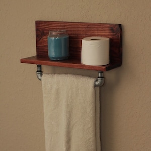 Rustic Bathroom Shelf – Wall Mounted Wood Shelf with Towel Bar, Farmhouse Decor, Handmade Bathroom Storage Rack