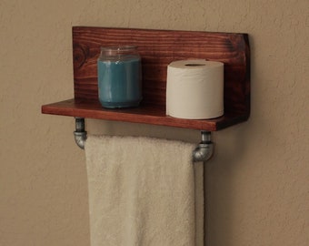 Handmade Rustic Wood Bathroom Shelf with Towel Bar - Farmhouse Decor