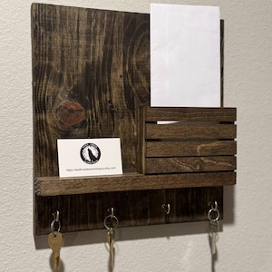 Handmade Wooden Key and Mail Organizer: Rustic Entryway Shelf with Hooks