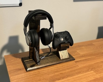 Gaming Controller and Headphone Holder – Wooden Controller & Headset Stand, Desk Organizer, Handmade Gamer Accessory
