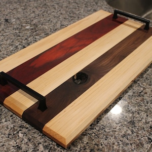 Wood Serving Tray – Handmade Charcuterie Board Tray in Walnut, Padauk & Maple, Food Safe Finish, Rustic Kitchen or Dining Decor