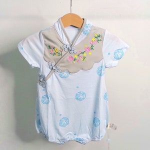 Handmade Embroidery Baby Cheongsam Romper- Blue