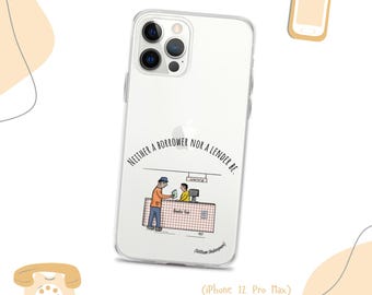 Könnte beinhalten: Eine transparente Handyhülle mit weißem Hintergrund und einer Schwarzweißillustration von zwei Personen an einem Tresen. Der Text "Neither a borrower nor a lender be." ist auf der Hülle aufgedruckt. Die Hülle ist für ein iPhone 12 Pro Max.