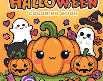 May include: A Halloween coloring book cover with the title "Halloween Coloring Book" in orange and white. The cover features cartoon pumpkins, ghosts, a black cat, and candies in a vibrant, colorful design.
