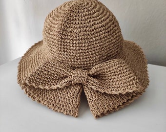 Chapeau de paille, Chapeau d'été, Chapeau tricoté à la main, Chapeau de plage, Chapeau au crochet