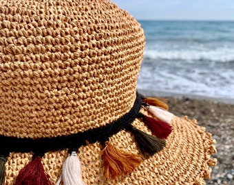 Chapeau de paille, Chapeau d'été, Chapeau tricoté à la main, Chapeau de plage, Chapeau au crochet