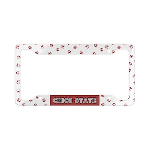 Chico State License Plate Frame, with Cardinal Red Colors Jersey Font, College Gear, University Accessories, Cal State Wildcat, Paw Print