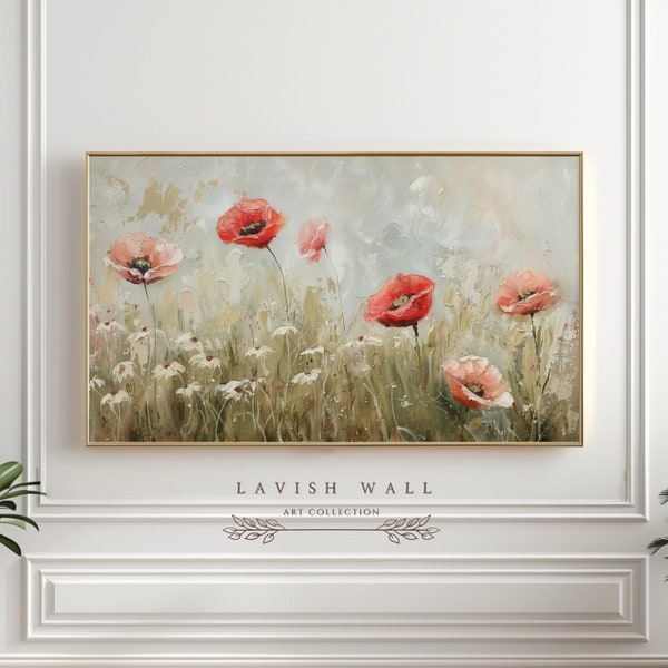 Poppy Wall Art Summer Frame TV Art, Poppy Floral Art, Wildflower Meadow Poppy Artwork, Impasto Painting, Poppy Wildflower Field Oil Painting