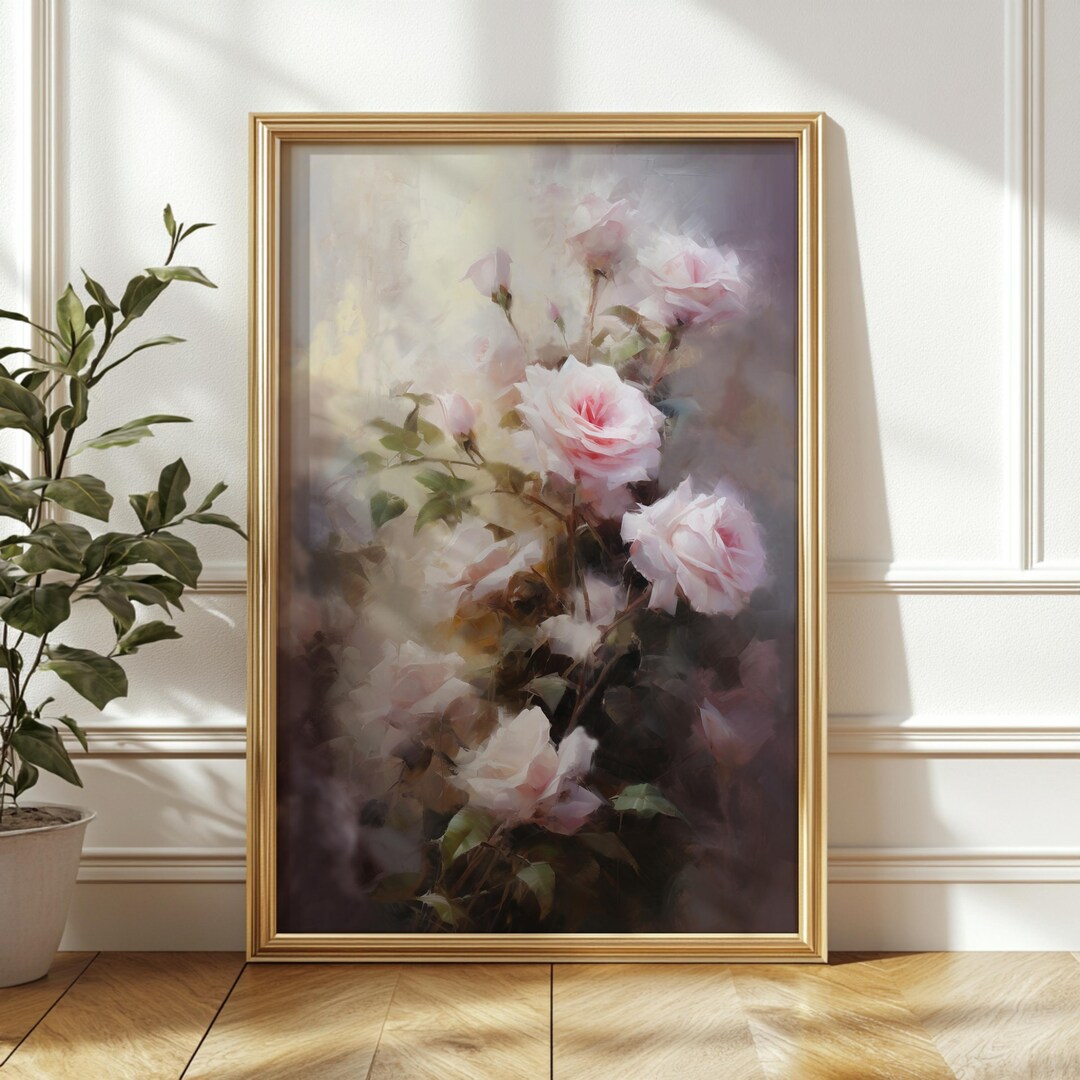 Vintage Pink Roses Wall Art Romantic Floral Oil Painting Soft Dusty ...