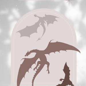May include: A digital illustration of three dragons in silhouette against a light gray background with a soft, cloudy texture. The dragons are in various poses, with wings spread and tails curled. The word "BASGIATH" is written in a decorative font at the top of the image.