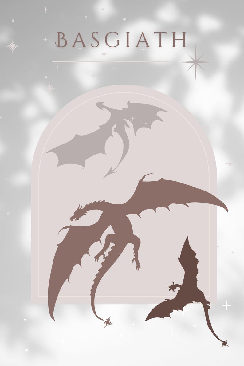 May include: A digital illustration of three dragons in silhouette against a light gray background with a soft, cloudy texture. The dragons are in various poses, with wings spread and tails curled. The word "BASGIATH" is written in a decorative font at the top of the image.