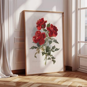 Arte de rosas, impresión de rosas vintage, póster coqueto, arte vintage romántico, flor de nacimiento de junio, arte mural floral melancólico, póster romántico, rosas rojas